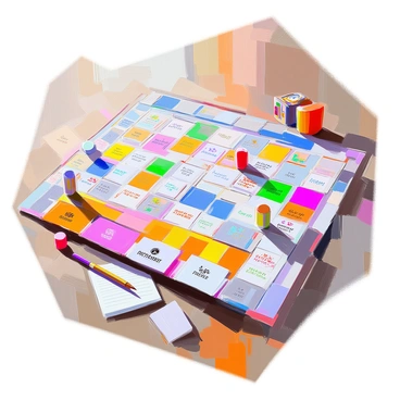 An overhead view of a vibrant gameboard featuring a multitude of "Pictionary" cards scattered across its surface. The gameboard is decorated with intricate designs and bright colors, delineating various sections for gameplay. The cards are in different orientations, showcasing playful illustrations and bold text. There are also several game pieces in assorted colors positioned around the board, along with a timer and a pencil placed next to a notepad for scoring. The entire scene is arranged on a wooden table, enhancing the lively atmosphere of a game night.