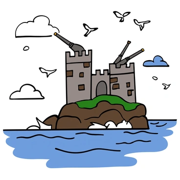 An old fortress made of weathered stone stands on a rocky cliff overlooking the ocean. The fortress has tall, imposing walls and several large cannons positioned on its battlements, aimed out towards the sea. The cannons are made of dark metal, showing signs of age and wear. Waves crash against the rocks below, and the sky is filled with scattered clouds, casting shadows over the fortress. A sense of history surrounds the scene, as seagulls fly overhead.