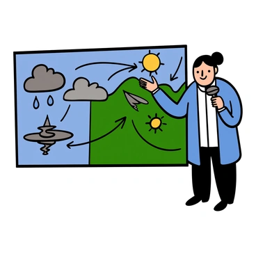 A weather reporter with light skin and short black hair stands in front of a large map displaying various weather patterns. The map includes bright symbols like sunny suns, dark clouds with raindrops, and swirling tornado icons. The reporter is wearing a blue blazer over a white shirt, gesturing towards the map with one hand while holding a microphone in the other. Different sections of the map represent counterarguments illustrated through contrasting weather patterns, with arrows indicating movement and changes. The reporter has an engaged expression, emphasizing the importance of the weather patterns in conveying the arguments.