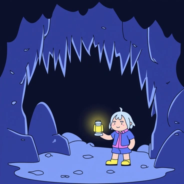 Ichinose stands at the entrance of a dark cave, peering inside. The cave walls are adorned with various fascinating rock formations, including sharp stalactites hanging from the ceiling and smooth stalagmites rising from the ground. Jagged crystals reflect light, creating a glimmering effect on the uneven surfaces. Ichinose's expression shows curiosity as they explore the cave, their silhouette contrasting against the warm glow coming from a small lantern held in one hand. The ground is scattered with small pebbles and patches of moss, adding texture to the cave floor.