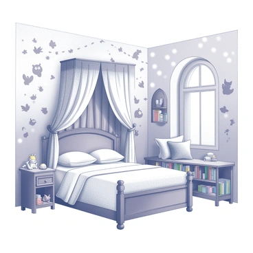 A child's bedroom filled with enchanting details. The room features a canopy bed draped with soft, flowing fabric, creating a magical sleeping area. Walls adorned with whimsical wallpaper depicting elements from fairytales, such as castles, dragons, and forest creatures. A small wooden bookshelf is filled with colorful storybooks, while plush toys are scattered around the room. A charming window seat is surrounded by fluffy cushions, inviting cozy reading moments. Delicate fairy lights twinkle above, adding a touch of wonder to the overall atmosphere.