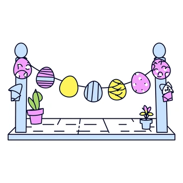A garland made of vibrant Easter eggs in various colors, including pastel shades of pink, blue, yellow, and green. Each egg is decorated with unique patterns such as stripes, polka dots, and floral designs. The garland is draped gracefully across a wooden porch railing. The porch has a clean design with wooden planks and is adorned with small potted plants at the corners.
