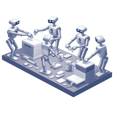 A futuristic muster of robots working together on a high-tech assembly line