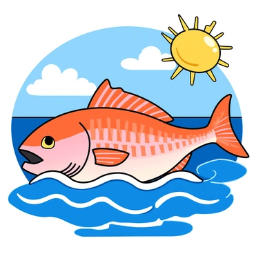 A large snapper fish with vibrant scales in shades of pink and orange is prominently situated in the foreground. The fish has a slightly open mouth, revealing its sharp teeth. Surrounding the snapper, there are animated waves with bright blue and white highlights, suggesting movement and energy. Above the scene, a cartoon-like sun shines brightly, with exaggerated rays extending outward, casting a warm golden glow across the water. The sky is a brilliant blue, dotted with fluffy white clouds, enhancing the playful atmosphere of the landscape.