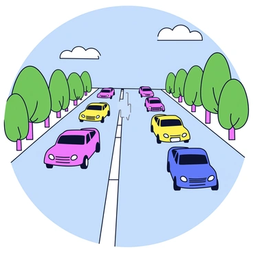 A highway scene featuring multiple lanes filled with distinct cars. Each car is labeled with a different hormone name, such as "Testosterone," "Estrogen," and "Insulin." The cars are colored in various bright shades, enhancing their visibility. The road is straight with clear lane markings, and there are green trees lining each side of the highway. A blue sky is overhead, with a few white clouds scattered.