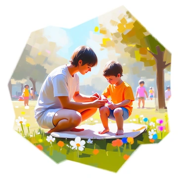 A parent with light skin and short brown hair is kneeling beside a child in a park, carefully applying a band-aid to the child's scraped knee. The child has short, curly hair and is wearing a bright t-shirt and shorts. Surrounding them are green grass and colorful flowers, with a few trees in the background. The sun is shining, illuminating the scene, and a few other children can be seen playing in the distance. The parent is focused on the task, showing a gentle expression, while the child looks reassured.