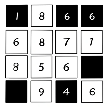 A grid composed of 14 squares arranged in two rows of seven. Eight squares are filled in black to visually represent the fraction "8/6." The remaining six squares are left white. The overall arrangement emphasizes the contrast between the filled and unfilled squares within the grid structure.