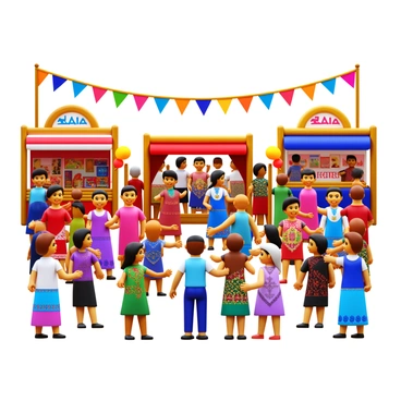 A vibrant cultural festival scene filled with diverse people engaged in celebration. There are individuals wearing traditional costumes from various cultures, displaying intricate patterns and bright colors. Stalls are set up with colorful decorations, offering food, crafts, and artwork representative of different traditions. In the background, banners and festive lights are strung across the area, enhancing the lively atmosphere. Joyful expressions can be seen on the faces of children and adults alike as they participate in activities such as dancing, music performances, and games. The overall scene reflects the richness of a growing community coming together in harmony.
