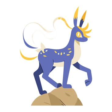 A rare Pokémon inspired by Persian culture, featuring a slender body with elegant curves. The Pokémon has large, almond-shaped eyes that glow softly, surrounded by intricate markings resembling traditional Persian art. Its fur is a blend of deep royal blue and shimmering gold, giving it a mystical appearance. Flowing, ribbon-like appendages extend from its back, adorned with small gemstones that sparkle. The Pokémon stands gracefully on a rocky outcrop, with wisps of ethereal energy swirling around it, enhancing its enchanting presence.