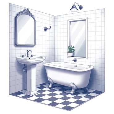 A retro-styled bathroom with checkerboard tiles and vintage fixtures.