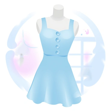A close-up view of a buttoned mini dress displayed on a mannequin. The dress features a series of buttons running down the front, and has a fitted bodice with a flared skirt. The fabric has a subtle texture, showcasing a gradient of pastel colors. Soft lighting highlights the contours of the dress, creating a delicate sheen. The background consists of a softly blurred boutique interior, enhancing the focus on the dress in the window display.