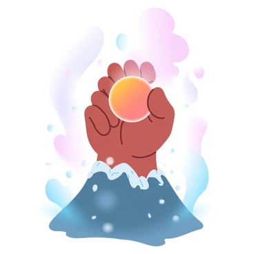 A hand is emerging from the top of a volcano, its fingers gripping a glowing orb of magma. The hand appears to be rugged and strong, with visible veins and texture. The volcano has a rugged, steep surface with jagged rocks and scattered ash. The orb of magma glows bright orange and red, illuminating the surrounding area. Wisps of smoke and steam rise from the volcano, creating an ethereal atmosphere. The background features a gradient of pastel colors, transitioning from deep blues at the edges to warmer tones near the volcano.
