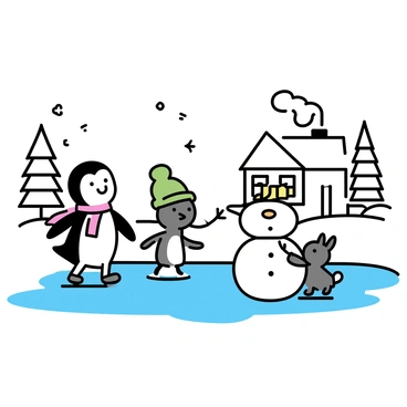A group of cartoon animals ice skating on a frozen lake in a snowy landscape. A cheerful penguin is gliding on the ice, wearing a red scarf, while a playful rabbit hops nearby, dressed in a green beanie. In the background, a bear is building a snowman, adding a carrot for the nose and using twigs for arms. Snow-covered trees surround the scene, and fluffy snowflakes are gently falling from the sky. A small cozy cabin with smoke rising from the chimney is visible in the distance.