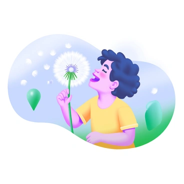 A child with short, curly hair wearing a bright yellow t-shirt is gently blowing on a dandelion puff. The white seeds are being dispersed into the wind, creating a delicate cloud of floating seeds. The background features soft pastel hues of blue and green, enhancing the playful atmosphere. The child’s face is filled with joy and wonder as they watch the seeds scatter in the breeze.