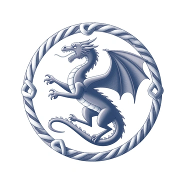 A fierce red dragon emblem surrounded by Celtic knot patterns