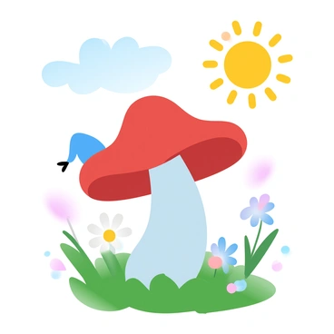 A cartoonish mushroom with a vibrant red cap is standing in a sunny field. The mushroom is wearing a tiny blue hat tilted to one side. The field is filled with lush green grass and colorful wildflowers scattered throughout. Bright yellow sunshine illuminates the scene, casting soft shadows on the ground. In the background, there are a few fluffy white clouds drifting across a clear blue sky.