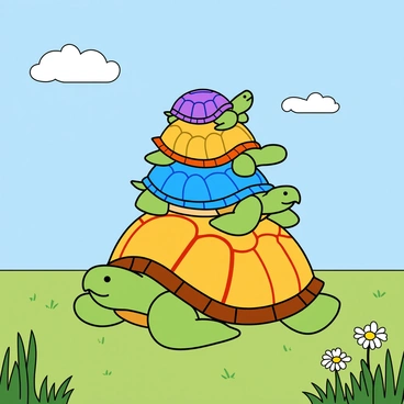 A playful stack of turtles forming a pyramid in the middle of a field