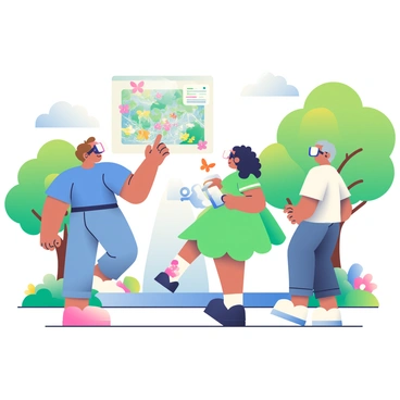 A group of three people is wearing augmented reality glasses as they explore a digitally enhanced park. One person, with short brown hair and a blue t-shirt, is pointing towards a floating holographic map that displays the park's features. The second person, a woman with curly black hair and a green dress, is interacting with virtual butterflies that are flitting around her. The third person, an older man with gray hair and glasses, is observing a digital fountain that displays colorful lights. Surrounding them are trees with vibrant green leaves and colorful flowers blooming throughout the park. The sky above is clear with a few fluffy white clouds scattered around.