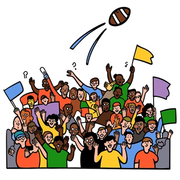 A packed stadium filled with enthusiastic fans, all with big eyes and diverse appearances, wearing bright jerseys and holding colorful banners. In the foreground, a football is soaring through the air, its trajectory clearly visible. The crowd is animated, some fans are jumping out of their seats, while others are cheering and clapping with excitement. The vibrant colors of the jerseys create a lively atmosphere, and the energy of the fans is palpable.