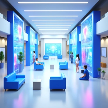 A futuristic hospital lobby with sleek, modern architecture. The lobby features large, transparent screens displaying holographic health data in vibrant colors. Comfortable seating arrangements made of high-tech materials are scattered throughout the space. Bright, overhead lighting illuminates the area, highlighting the polished surfaces and cutting-edge design. People are seen interacting with the holographic displays, engaging with the health information presented. The overall atmosphere is clean and advanced, emphasizing technology and wellness.