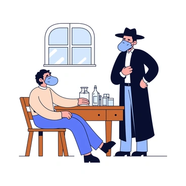 A historical physician wearing a beaked plague mask is standing beside a patient. The physician is dressed in a long black cloak and a wide-brimmed hat, with the beaked mask prominently covering their face. The patient is seated on a wooden chair, appearing weak and wearing a simple linen garment. The setting includes a rustic wooden table nearby, with various medical instruments and jars. A window in the background allows soft light to illuminate the scene.
