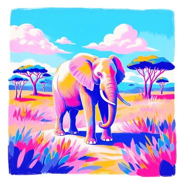 An elephant stands majestically in a low-poly savannah. Its large ears are flared out, and its trunk is raised slightly as it surveys the landscape. The savannah is dotted with acacia trees and tall grasses, rendered in geometric shapes and vibrant colors. The sky above is a bright blue with a few fluffy white clouds. The sunlight casts shadows that emphasize the unique low-poly texture of the terrain, creating a striking contrast with the elephant's lifelike features.