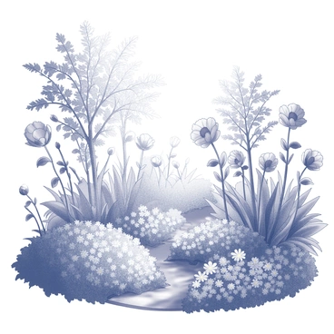 A garden filled with various plants and flowers. The leaves of the trees are gently swaying, creating a dynamic movement throughout the scene. Some blossoms are fully opened, while others are in various stages of bloom. The ground is covered in lush greenery, with patches of delicate flowers interspersed. Sunlight filters through the foliage, casting intricate shadows on the garden floor.