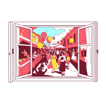 A vibrant street festival is taking place outside an open window. Colorful decorations are adorning the street, with banners in red and yellow fluttering in the breeze. People are gathered, dressed in a variety of outfits, enjoying the festivities. Some are laughing and dancing, while others are tasting food from brightly colored food stalls. Balloons in red and yellow are floating above the crowd. The window frame is painted white, and sunlight filters through, casting bright patterns on the floor inside.