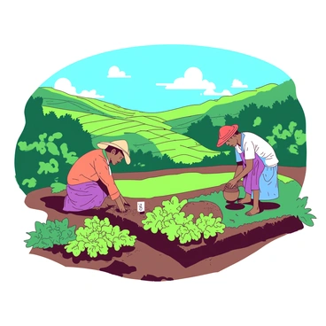 Two indigenous farmers are working diligently on their terraced fields, surrounded by vibrant green crops. One farmer is planting seeds carefully in the soil, while the other is watering the plants with a traditional clay pot. The terraced fields rise gracefully in layers, showcasing the crops at different stages of growth. Sunlight filters down from the clear blue sky, illuminating the scene and enhancing the colors of the fields. The farmers are dressed in colorful traditional clothing, adding further depth to the rural landscape.