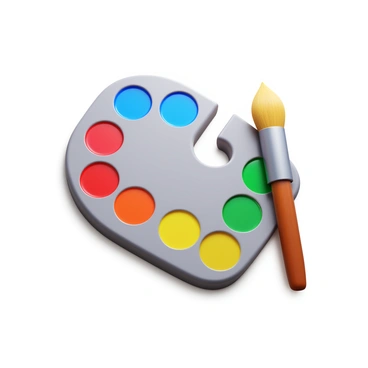 An artist's palette with a smooth, rounded surface. The palette features several wells, each filled with different vibrant colors of paint, evenly spaced around the surface. The colors include bright red, blue, yellow, green, and orange. The paint has a glossy texture, reflecting light slightly. A wooden paintbrush with a tapered bristle tip rests beside the palette.