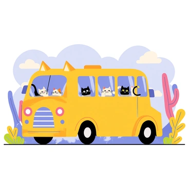 The Catbus driving through a fantastical landscape, with playful cats peeking out of the windows.