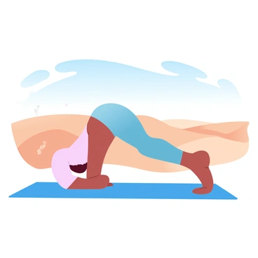 A person is performing a hamstring stretch on a yoga mat. The person is wearing comfortable athletic wear and is positioned on the mat with one leg extended straight out. The large, open desert landscape stretches out behind them, featuring soft, rolling dunes under a clear blue sky. The sunlight casts gentle shadows on the sand, highlighting the texture of the surface. A few sparse desert plants can be seen in the background, adding a touch of life to the expansive setting.