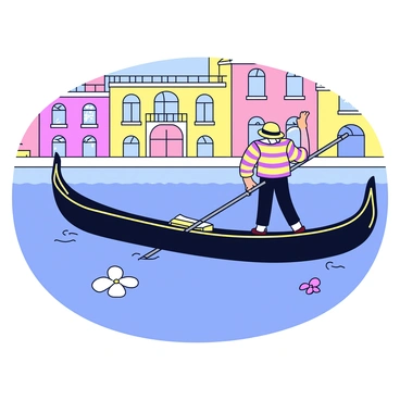 A gondola gliding smoothly through the calm water of a Venetian canal. The gondola is painted in a deep black color with intricate gold detailing. A traditional gondolier, wearing a striped shirt and a straw hat, stands at the back, skillfully navigating the boat with a long oar. Surrounding the canal are charming buildings with colorful facades and arched windows, reflecting softly on the water's surface. A few scattered flowers float gently on the water nearby.