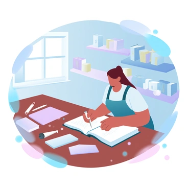 An artisan is binding books by hand at a wooden workbench in a vintage-style workshop. The artisan, dressed in a simple apron, is focused on their task, using a needle and thread to stitch the pages together. Surrounding them are various tools for bookbinding, such as a bone folder, scissors, and a cutting mat. Shelves in the background are filled with finished books, some with leather covers and gold lettering. Soft, ambient lighting filters through a window, illuminating the dust particles in the air, creating a warm atmosphere in the workshop.