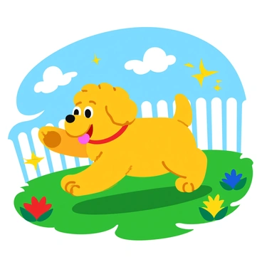 A playful puppy with fluffy golden fur is energetically chasing after colorful sparks that shimmer and twinkle in the air. The scene takes place in a cartoonish backyard filled with vibrant green grass and a white picket fence in the background. Bright flowers, with bold red, yellow, and blue petals, dot the landscape around the puppy. The sky above is a clear blue, with a few fluffy white clouds floating lazily. The sparks seem to dance around the puppy, creating a lively atmosphere as it leaps and bounds in joyful pursuit.