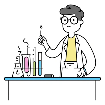 A tutor, wearing a white lab coat and goggles, stands at a lab table. The tutor is demonstrating a chemistry experiment, showcasing several test tubes filled with colorful liquids. The test tubes, arranged in a clear test tube rack, contain vibrant red, blue, green, and yellow liquids. The tutor is holding a dropper above one of the test tubes, ready to add a substance, while a notebook and safety equipment are visible on the table.