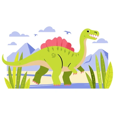 A spinosaurus with a long, slender body and a large, sail-like structure on its back is standing motionless. The spinosaurus has sharp teeth and its skin is a mix of green and brown scales. It is surrounded by a prehistoric landscape featuring tall ferns and cycads, with a backdrop of distant mountains and a bright sky. A river can be seen winding through the scene, reflecting the sunlight. There are a few pterosaurs flying overhead in the clear blue sky. The overall atmosphere conveys the ancient world of dinosaurs.