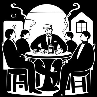 An underworld boss sitting at a round wooden table in a dimly lit speakeasy, with dark shadows cast across the scene. The boss is dressed in a sharp suit and is flanked by several henchmen, each wearing similar attire, creating a sense of camaraderie and authority. The table is cluttered with glasses and a vintage bottle of whiskey. Plumes of cigar smoke swirl around the group, creating an atmosphere of secrecy and tension. In the background, faint outlines of vintage decor and other patrons can be seen, adding to the overall ambiance of the speakeasy.