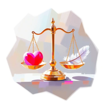 A set of golden scales is positioned prominently at the center of the image. On one side of the scales, there is a delicate, white feather, gently resting with its tip pointing upwards. On the opposite side, a bright red heart is placed, vividly contrasting with the feather. The scales are finely detailed, showcasing intricate designs on their surface, and they appear balanced perfectly, symbolizing equilibrium. The background is softly blurred, allowing the scales, feather, and heart to be the main focus of the composition, embodying the themes of justice and righteousness.
