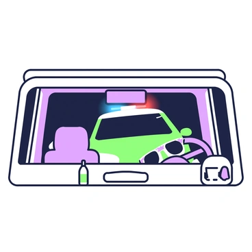 The interior of a car with flashing police lights seen in the rearview mirror