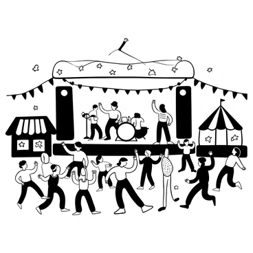 A large outdoor stage adorned with musical instruments and speakers, featuring a live band performing energetically in front of the audience. A diverse crowd of people dancing joyfully, some with their arms raised and others swaying to the music. Colorful banners and flags hang in the background, fluttering in the breeze. A food stall with a striped awning is visible on one side, adding to the festive atmosphere. Various decorative lights are strung above the scene, enhancing the lively ambiance.