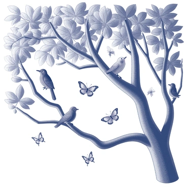 A dense forest canopy filled with various tree branches and vibrant leaves. The leaves are intricately detailed, showcasing different shapes and sizes. Several birds are perched on the branches, each with distinct features such as elongated tails and unique beaks. Among the leaves, butterflies flutter, displaying their wings with intricate patterns and textures. The overall composition depicts a lively ecosystem, with the birds interacting among themselves, while butterflies weave gracefully through the foliage.