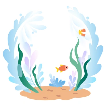 A vibrant underwater scene showcases various aquatic plants swaying gently with the movement of the water. The plants have elongated green stems and delicate leaves in multiple shades of blue and green. Colorful fish swim among the plants, featuring bright orange, yellow, and blue scales. Sunlight filters through the water's surface, creating shimmering patterns that dance over the sandy ocean floor. Bubbles rise from some of the fish as they swim gracefully through the underwater landscape.