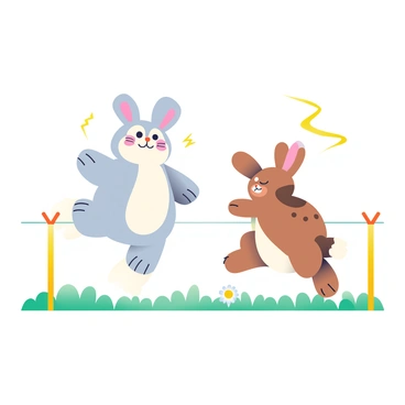 Two bunnies are in mid-jump, their fur appearing fluffy and soft. The first bunny, with light gray fur and white patches, has its ears perked up, and its eyes are wide open, showing surprise. The second bunny, with brown fur and darker spots, is slightly behind, also leaping with excitement. In the background, a small, bright yellow electric fence hums gently, with a few sparks visibly zapping towards the ground. Green grass covers the ground, and a few daisies are scattered nearby, adding color to the scene. The bunnies are captured in a moment of playful escape, their paws tucked beneath them as they leap away from the fence.