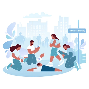 A group of bystanders is gathered around a person who has fainted on a city sidewalk. One person is kneeling beside the fainted individual, checking for responsiveness while another is holding a phone, presumably calling for help. A third person is fanning the individual with a folded newspaper. The scene includes buildings in the background, with a few pedestrians watching the situation unfold. Nearby, there is a bench and a lamppost, adding to the urban environment. “Help is on the way” is visible on a signpost nearby, contributing to the sense of urgency.