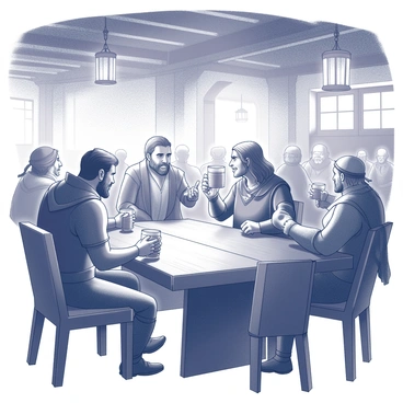 A group of five adventurers is seated around a large wooden table in a bustling tavern. They are engaged in animated conversation, sharing stories of heroic sword battles. The first adventurer, a tall warrior with a rugged appearance, gestures dramatically with his hands as he describes a fierce duel. The second adventurer, a nimble and agile rogue, leans forward, listening intently and occasionally chuckling. The third, a stout dwarf with a thick beard, is holding a tankard high, clearly enjoying the tales. In the background, other patrons of the tavern are visible, some engaged in their own conversations and a few watching the adventurers with interest. The warm glow of lanterns illuminates the wooden beams of the tavern, creating a lively and inviting atmosphere.