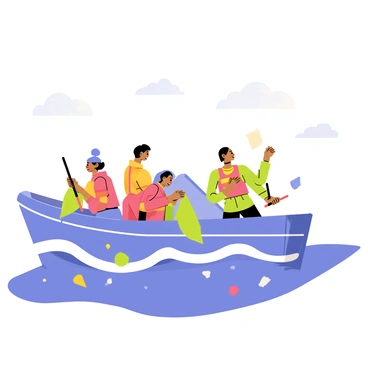 A small boat with a bright blue hull navigates through the ocean waves. Several people are onboard, wearing colorful life vests. They are actively collecting plastic waste from the water using large nets. The ocean around them is a vibrant blue, while bits of plastic debris are visible floating nearby. The sky above is clear, with a few fluffy white clouds scattered throughout. The scene conveys a sense of teamwork as the individuals work together to clean the ocean.