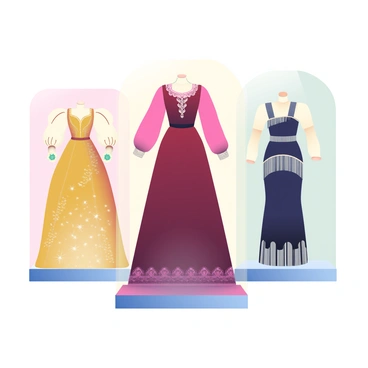 An art museum exhibit features several historical fashion pieces displayed in three-dimensional forms. A Victorian-era dress, made of rich burgundy velvet and adorned with delicate lace, stands prominently in the center. To the left, a Renaissance-inspired gown is crafted from shimmering gold fabric, complete with flowing sleeves and intricate embroidery. On the right, a flapper-style dress with fringe detailing in black and silver catches the light. Each piece is mounted on a minimalist pedestal, surrounded by soft lighting that highlights their textures and details. The background is adorned with soft, gradient hues that complement the colors of the garments, creating an inviting atmosphere for viewers.