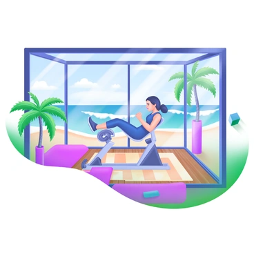A modern pastel illustration depicting a beachside gym. The gym is open-air with large windows that showcase a stunning ocean view. In the center, a person is performing leg press exercises on a sleek leg press machine. They have a focused expression and are wearing athletic attire. Surrounding them are potted palm trees and beach towels laid out on the wooden floor. Through the windows, waves can be seen crashing gently against the shore, and the sun is shining brightly, casting light into the space.