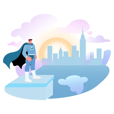 A superhero with a flowing cape is standing on the edge of a rooftop, gazing over a peaceful city. The superhero is wearing a fitted costume that features a bold emblem on the chest. The city below is filled with tall buildings and parks, bathed in the warm hues of a sunset. The sky displays a gradient of pastel colors, transitioning from soft orange to gentle purple. Shadows of the buildings stretch across the streets as the last rays of sunlight illuminate the scene.
